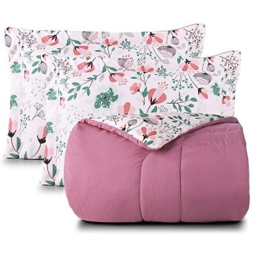 Imagem de Kit Edredom Cobertor Celi King Dupla Face Micropercal Estampado 200 Fios 3 Peças Bothanica Floral Rosa