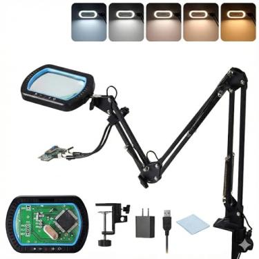 Imagem de Lupa de 12 x com luz e grampo, braço ultra longo em 3 seções, lente de vidro 5,3 × 3,5 cm, 5000 lm, 5 temperaturas de cor e 10 níveis de brilho