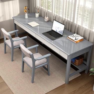 Imagem de Mesa dupla extragrande em madeira com 2 gavetas e prateleira de armazenamento, perfeita para escritório doméstico e mesa de estudo.