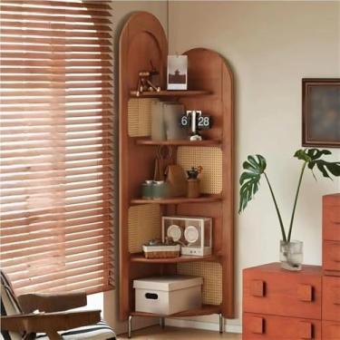 Imagem de Estante de canto vintage de 5 camadas - rack de exibição de vime e madeira maciça para sala de estar - Estante de canto elegante - Solução prática de armazenamento (marrom)