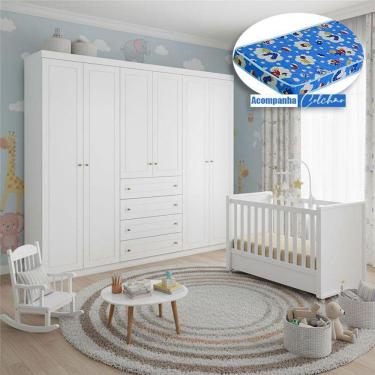 Imagem de Berço Tutto New Com Guarda Roupa Americano Ambiente 6 Portas Branco Fosco E Colchão Ortobom - Matic