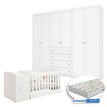 Imagem de Berço Multifuncional Atlanta E Guarda Roupa 6 Portas Americano Branco Fosco Henn Com Colchão Gazin - Reller