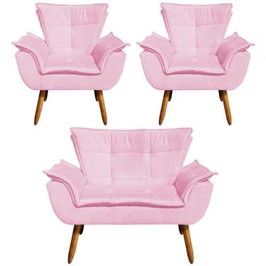 Imagem de Conjunto 2 Poltronas E 1 Namoradeira Pés Palito Charger Suede Rosa G19 - Gran Belo