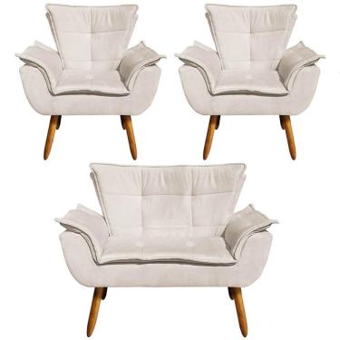 Imagem de Conjunto 2 Poltronas E 1 Namoradeira Pés Palito Charger Suede Bege G19 - Gran Belo