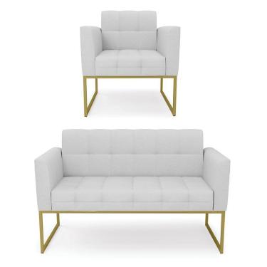 Imagem de Kit 1 Sofá Namoradeira E 1 Poltrona Elisa Linho Base Metálica Industrial Dourada - Cor A05 Cinza