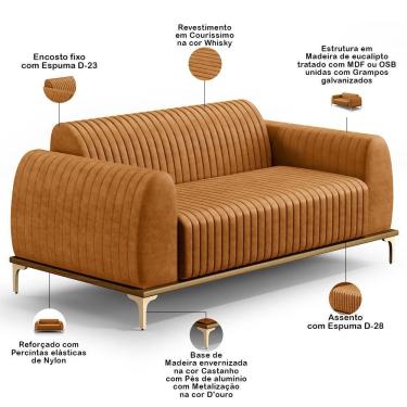 Imagem de Kit Sofá 3 Lugares 180cm Com Poltrona Molino Base Castanho Pés D'ouro D02 Couríssimo Whisky B-90 - Lyam Decor