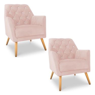 Imagem de Kit 2 Poltronas Velvet Strass Veludo Pés De Madeira - Pallazio Cor Rosa Bebê