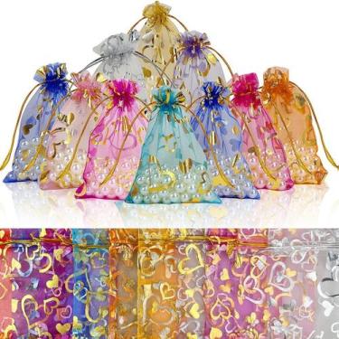 Imagem de Conjunto de sacolas de presente de organza com cordão dourado, coração