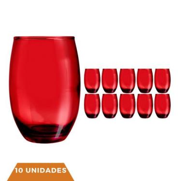 Imagem de Kit 10 Copo de Vidro Vermelho Redondo Drinks e Sucos 450ml - PRATICASA