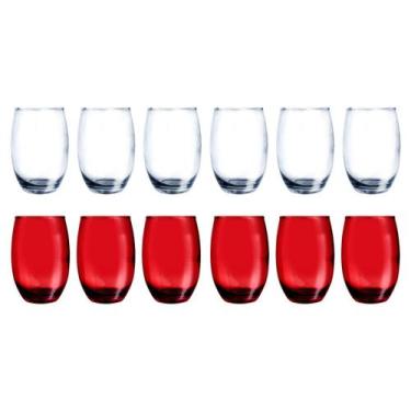 Imagem de 12 Copos de Vidro Bellagio 450ML 6 Vermelho e 6 Transparente - PRATICA