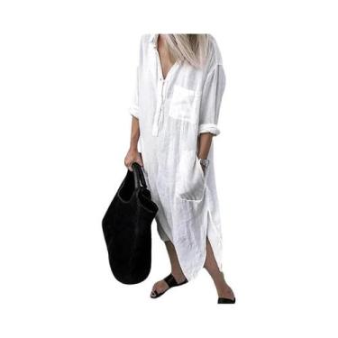 Imagem de Vestido Feminino Casual De Verão Em Algodão E Linho, Elegante, Cor Sól