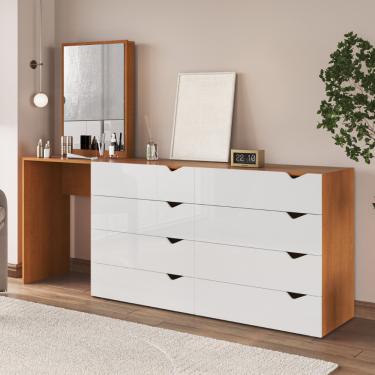 Imagem de Cômoda Penteadeira com Espelho 8 Gavetas Porto Politorno - Branco/Freijó