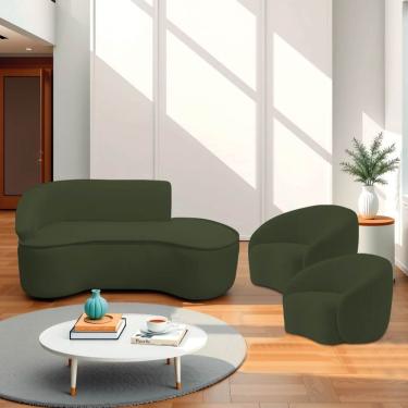 Imagem de Kit Divã Recamier Orgânico Marrocos 180cm Lado Direito E 2 Poltronas Amore Linho Verde