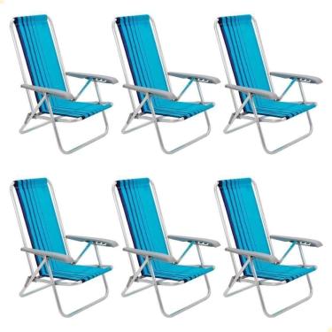 Imagem de Kit 06 Cadeiras De Praia Reclinável Tramontina Bali Baixa Em Alumínio Com Assento Azul 92900102