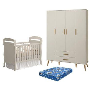 Imagem de Berço Americano Danny Com Colchão Ortobom E Guarda Roupa 4 Portas Isis Areia Acetinado - Reller