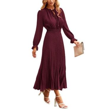 Imagem de Vestido PRETTYGARDEN 2025 Midi de Manga Longa com Decote V Vinho Escur