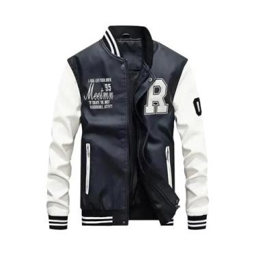 Imagem de Jaqueta Bomber Masculina Slim Fit De Couro Bordada, Casaco De Inverno 