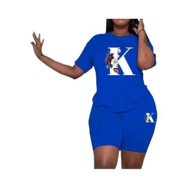 Imagem de Conjunto De Moletom Feminino Azul Com Estampa A-Z, Casual, 2 Peças, Pa