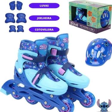 Imagem de Patins Stitch Infantil 4 Rodas Roller 32 Ao 35 Kit Proteção 2x1 - BBR 