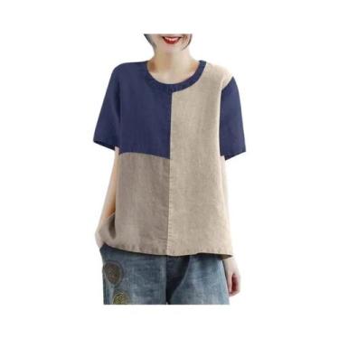 Imagem de Blusa Feminina De Algodão E Linho Com Patchwork Verão 2024 Manga Curta
