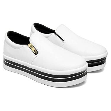 Imagem de Slip On Feminino Sola Alta Tênis Plataforma Com Zíper Macio Iate Camurça Para Ficar Alta Cor:Branco;Tamanho;35