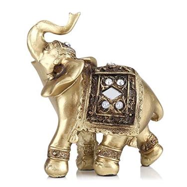 Imagem de perfeita para decoração de casa,Estátua de elefante elegante de cor dourada com tronco voltado para cima estatueta de elefantes da sorte de riqueza colecionável, decoração de escritório(14 * 15)
