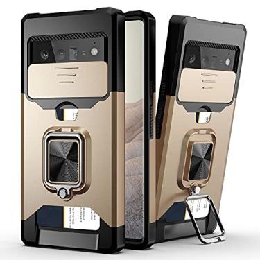 Imagem de Lokyoo Capa compatível com Google Pixel 6 Pro 2021 com capa de câmera e suporte, capa de lente deslizante + suporte de anel giratório + suporte de cartão, resistente a impactos, proteção total para Google Pixel 6 Pro Golden