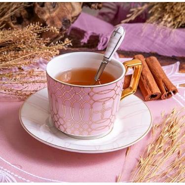 Imagem de Xícara de chá de porcelana com pires 200ml - Rosa e Branco