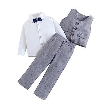 Imagem de Conjuntos de roupas para meninos 3 peças de manga comprida camisas de algodão gravata borboleta colete calças cavalheiro traje formal pacote de terno bebê, Cinza, 5-6 Anos
