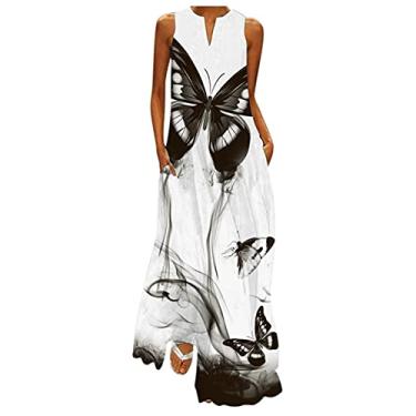 Imagem de Elogoog Vestido maxi solto de verão feminino elegante 2024 floral praia boho moderno decote em V sem mangas vestidos rodados evasê, Branco - k, G