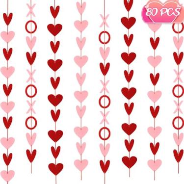 Imagem de 80 peças de decoração de dia dos namorados, guirlanda de coração de feltro pré-amarrada XOXO faixa de coração decoração de dia dos namorados decoração interna externa suspensa guirlanda de dia dos