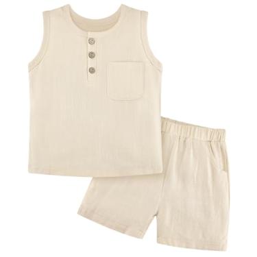 Imagem de Weixinbuy Conjunto de roupas de verão para bebês meninos, algodão, linho, sem mangas, bolso, camiseta, camiseta curta, Caqui, 4-5 Anos