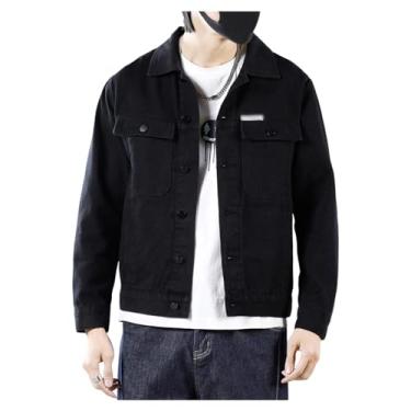 Imagem de Jaqueta jeans masculina casual lapela trabalho casaco de botão justo para pele lisa casaco jeans, Preto, 3G