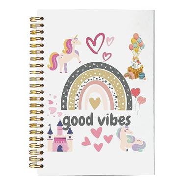 Imagem de Caderno de unicórnio para meninas, material escolar de unicórnio, diário espiral arco-íris Good Vibes 14 x 21 cm, caderno arco-íris, caderno infantil
