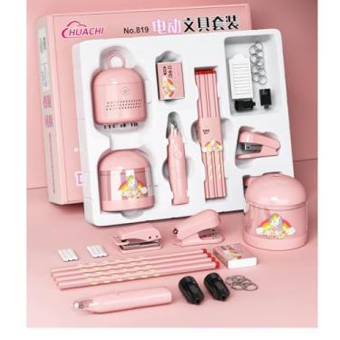 Imagem de SIPLIV Conjunto de caixa de presente elétrica de papelaria, apontador de lápis elétrico, borracha elétrica a vácuo de mesa com lâmina de substituição e refis de borracha, kit de papelaria, 10 peças,