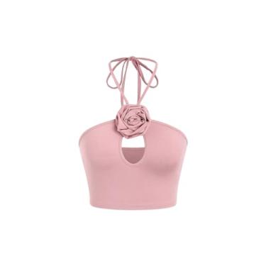 Imagem de BEAUDRM Blusa cropped feminina recortada frente única com estampa floral 3D e costas nuas, rosa, PP