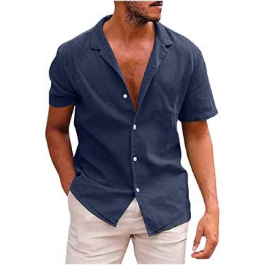 Imagem de Camiseta masculina outono verão manga curta longa linho básico camiseta masculina 2024, L-854 azul-marinho, M