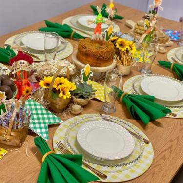 Imagem de Kit Sousplat Completo Mesa Posta Caipira Festa Junina Xadrez 6 Lugares (XADREZ AMARELO LIMA - GUARDANAPO VERDE BANDEIRA - PG MADEIRA CLARA)