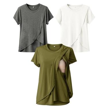 Imagem de Rnxrbb Camisetas de amamentação de manga curta para amamentação conjuntos de roupas pós-parto de verão pacote com 3 camadas duplas, Verde militar, branco e cinza salpicante, G