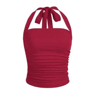 Imagem de SOLY HUX Blusa feminina franzida frente única Y2K cropped amarrada nas costas sem mangas slim fit, Vermelho liso, PP