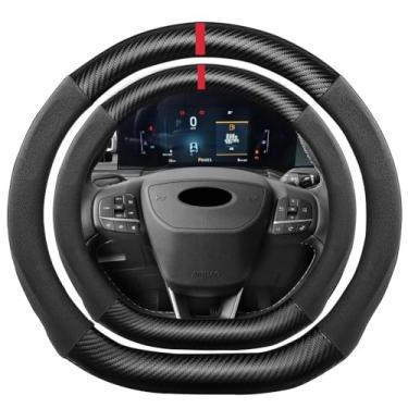 Imagem de K LAKEY Capa de volante de fibra de carbono em camurça em forma de D, compatível com Ford Edge Escape Fusion Explorer Focus 38 cm fundo plano macio couro Alcantara esportivo acessórios interiores