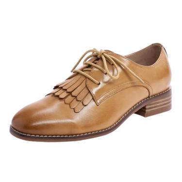 Imagem de Mona flying Sapato feminino com borla Oxfords Derby, confortável, de couro, sem cadarço, para trabalho de escritório, Marrom, 37