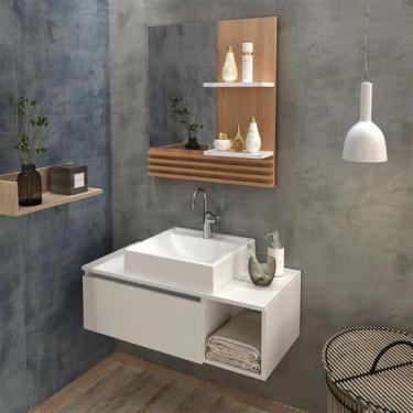 Imagem de Kit Completo Lavabo com Cuba e Espelho Branco Amêndoa Tecno Mobili