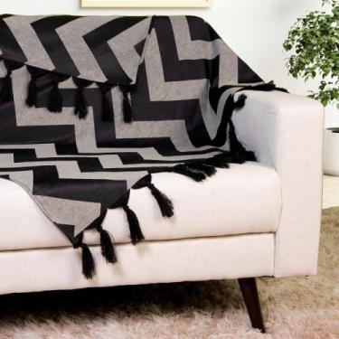 Imagem de Xale Manta para sofá Jaccard zigzag com franjas - 1,40x1,80 -Preto-Off