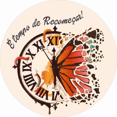 Imagem de Painel de Lona Redondo É Tempo de Recomeçar Borboleta Relógio Aquarela