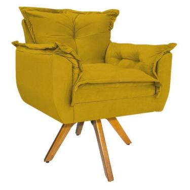 Imagem de Kit 02 Poltronas e Puff Opala Base Giratória de Madeira Suede Amarelo 