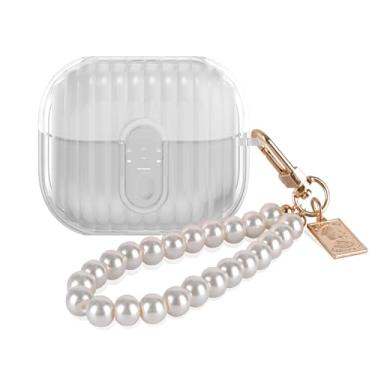 Imagem de CameCosy Capa transparente para Samsung Galaxy Buds 3/Galaxy Buds 3 Pro com design de clipe de trava segura, capa de TPU macio à prova de choque com pulseira de pérola chaveiro para mulheres e meninos