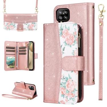 Imagem de Furiet Capa carteira floral para Samsung Galaxy A42 5G com fecho de correr alça de ombro luxuosa com glitter couro PU suporte para cartão capa de celular para A 42 G5 42A S42 4G 2021 ouro rosa