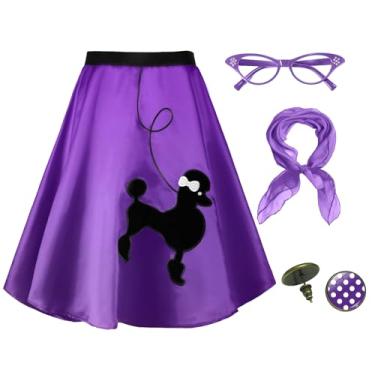 Imagem de Knemksplanet Saias midi poodle femininas dos anos 50, 4 peças, acessórios de fantasia dos anos 50, cachecol e brincos de bolinhas, Roxa, Small