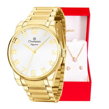 Imagem de Relógio Feminino Dourado Champion Elegance CN27652W Prova D Agua + Colar e Brincos